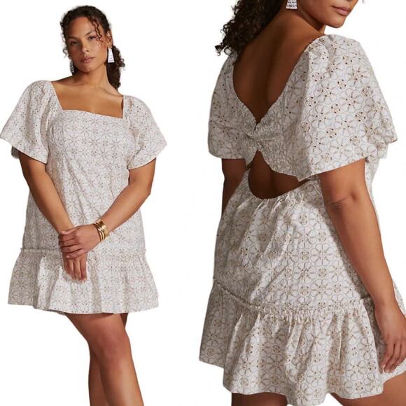 Anthropologie Maeve Smocked Tunic Embroidered Mini Dress Size XL White Open Back - Picture 1 of 11